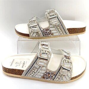 Azalea Wang Romilly Sandals White Embellished Summer Slide Sandals Women Size 10